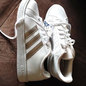 Gold stripe white Adidas Shoes